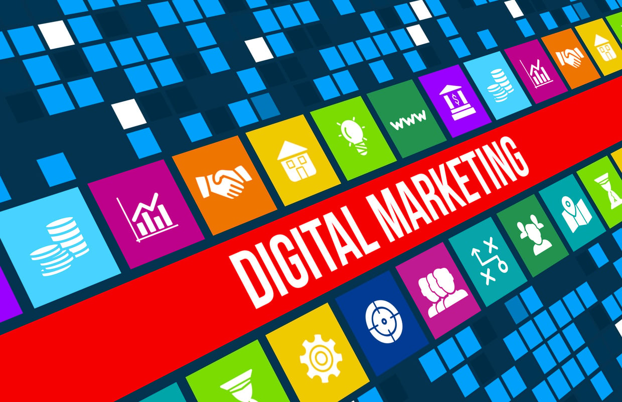 Digital Marketing concept image with business icons and copyspace.